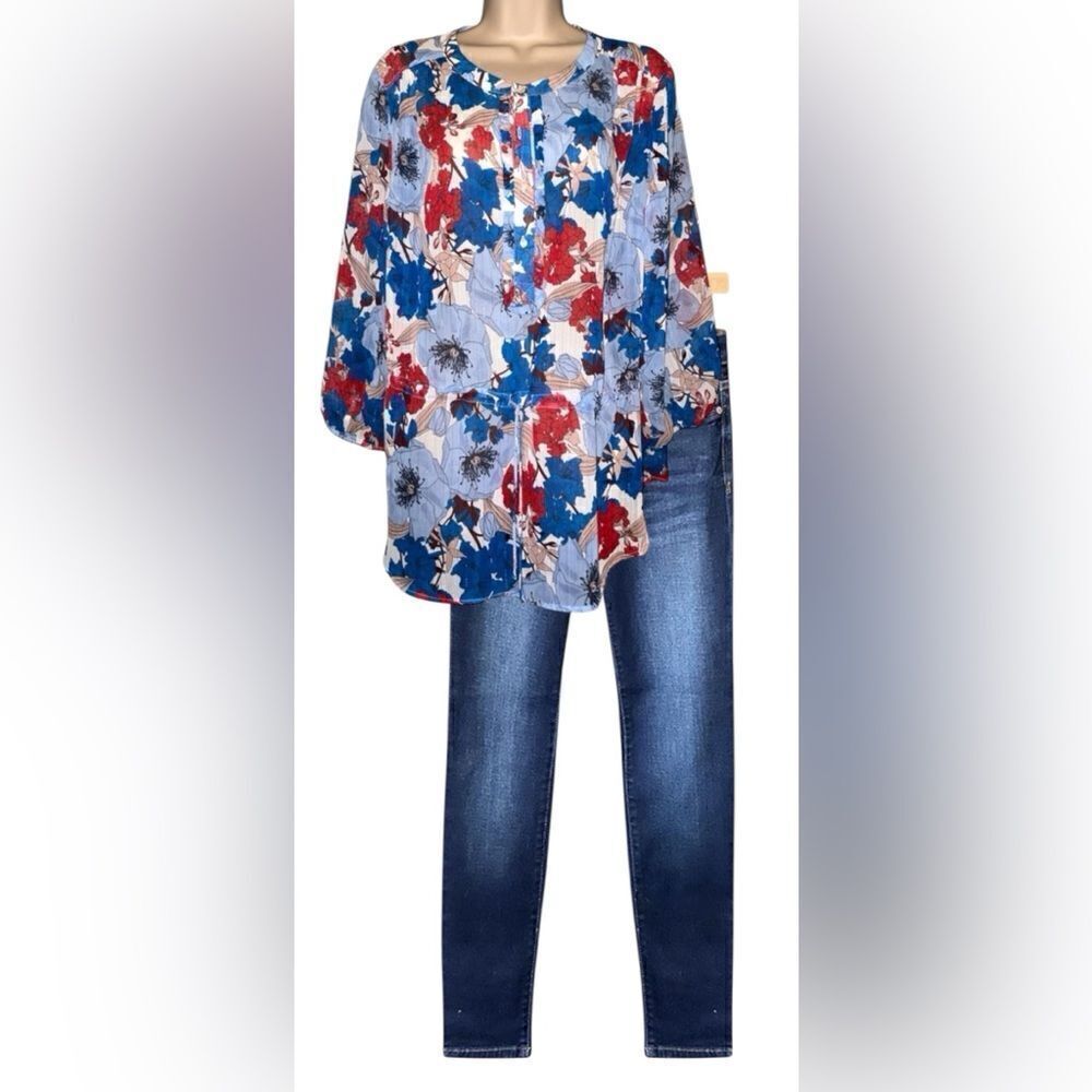 Liz Claiborne Boho Blue Floral Print Top Blouse Size L Glitter String Tie Front